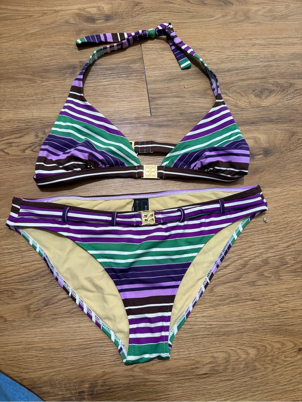BCBGMaxAzria Purple, Green & Brown Striped Halter Bikini